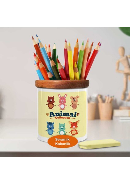 Renkli Hayvan Kolajı Ahşap Seramik Kalemlik - 2147537660