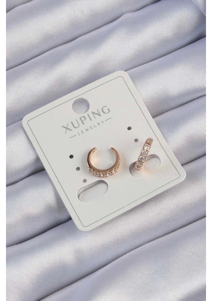 Xuping Rose Renk Zirkon Taşlı Ay Görünümlü Earcuff Küpe