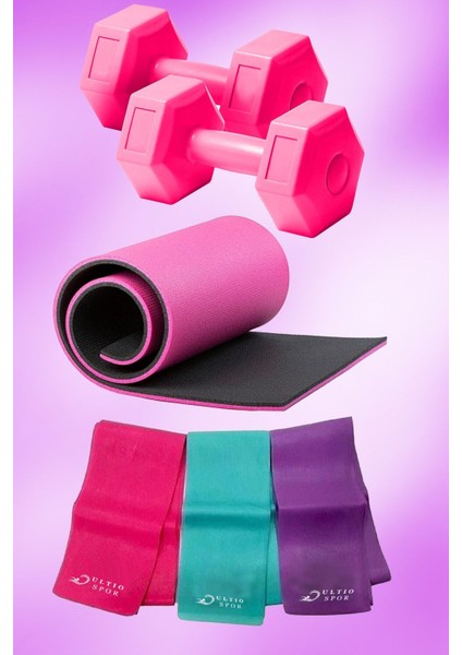 Pilates Seti: 10 mm Minder, 2 Dambıl, 3'lü Band, Renk: Pembe