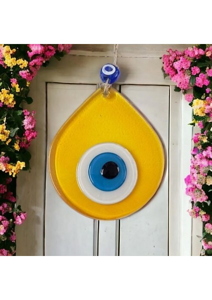 Orta Boy Şeffaf Sarı Damla Desen Nazar Boncuklu Duvar Dekoru Cam Duvar Süsü