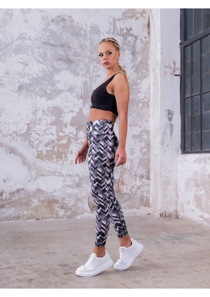 Siyah Gri Beyaz Prizma Desen Spor Tayt