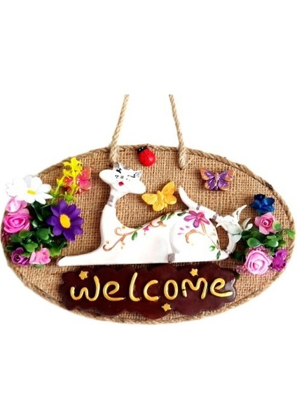 Welcome Yazılı Kedili El Yapımı Kapı Süsü