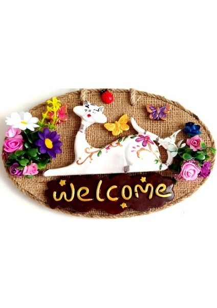 Welcome Yazılı Kedili El Yapımı Kapı Süsü