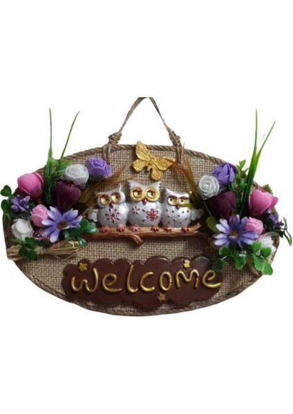 Baykuş Ailesi Welcome Yazılı Kapı Süsü
