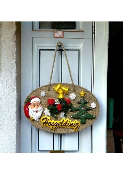 Çam Ağacı, Noel Baba ve Hoşgeldiniz Yazılı El Yapımı Yılbaşı Kapı Süsü