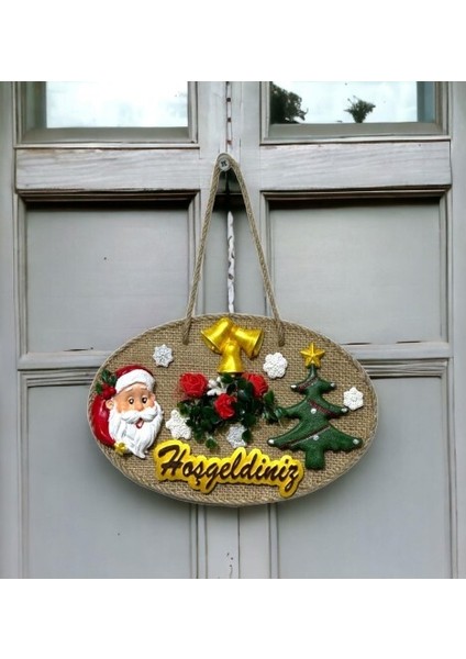 Çam Ağacı, Noel Baba ve Hoşgeldiniz Yazılı El Yapımı Yılbaşı Kapı Süsü