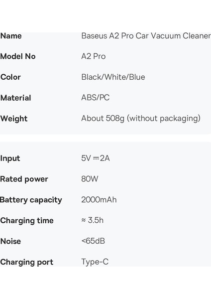 Baseus A2 Pro Araç Içi Şarjlı El Süpürgesi Taşınabilir 80W 6000PA Çift Kademeli Kablosuz Süpürge