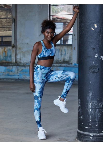 Mavi Beyaz Ebruli Desen Spor Tayt modelleri