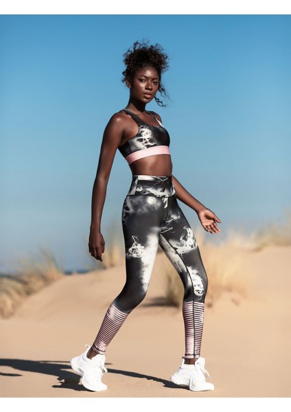 Paçası Çizgi Detaylı Duman Desen Spor Tayt