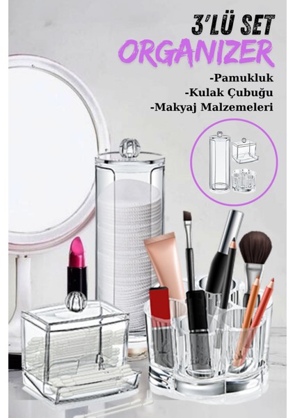 3’lü Makyaj Organizer Set, Kozmetik Ürün Organizeri, Pamukluk, Papatya Organizer, Kulak Çubukluk