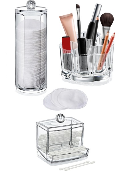 3’lü Makyaj Organizer Set, Kozmetik Ürün Organizeri, Pamukluk, Papatya Organizer, Kulak Çubukluk