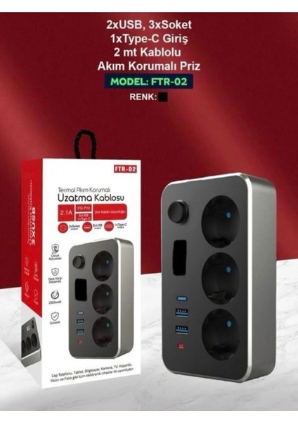Sigortalı Akım Korumalı 2-Usb 1-Pd Type-C 3'lü Priz 2 Metre Kablo Anahtarlı Termal Korumalı modelleri