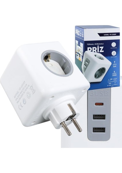 Korumalı Kablosuz Grup Priz, 3'lü Priz, 2 Usb, Type-C, 2500W, 250 Joule, 10A, Termal Koruma (23089)