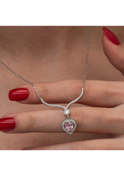 Gümüş Pembe Zirkon Taşlı Kalp Kadın Kolye fiyatları