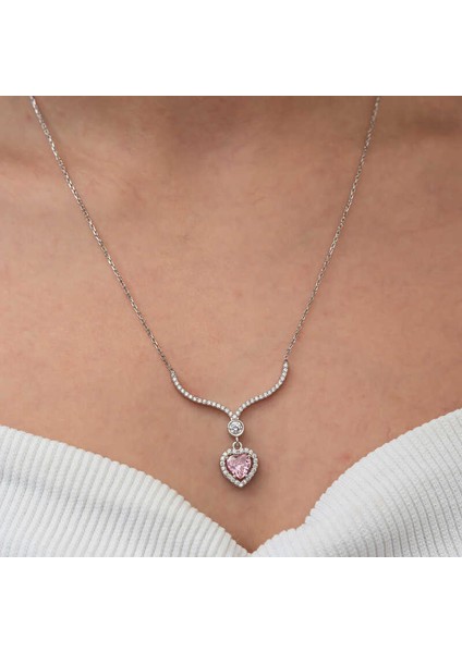 Gümüş Pembe Zirkon Taşlı Kalp Kadın Kolye modelleri