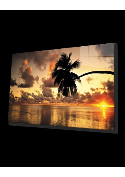 Gün Batımı Palmiye Deniz Manzarası Cam Tablo