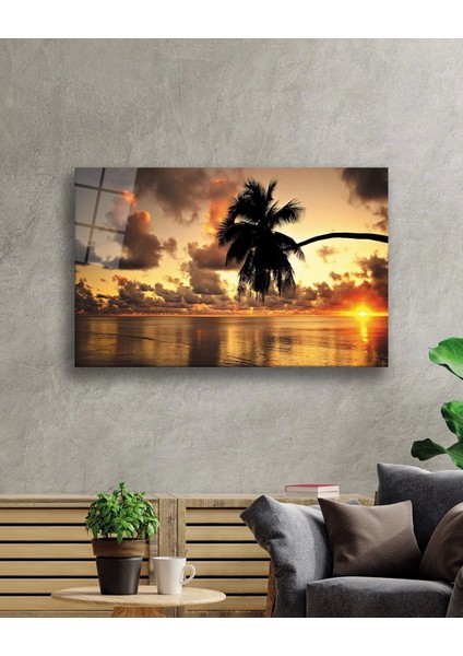 Gün Batımı Palmiye Deniz Manzarası Cam Tablo fiyatları