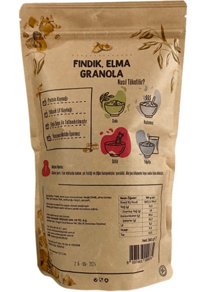 Gurme x 4 Paket Elma Dut Kurusu Fındıklı Granola 360 gr