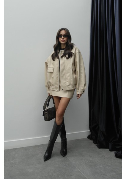 Taş Rengi Metal Düğmeli Deri Ceket indirimleri