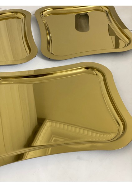Çelik Gold Renk Italyan Dalgalı Model 3 Adet Sunum Tepsisi 26*36 cm