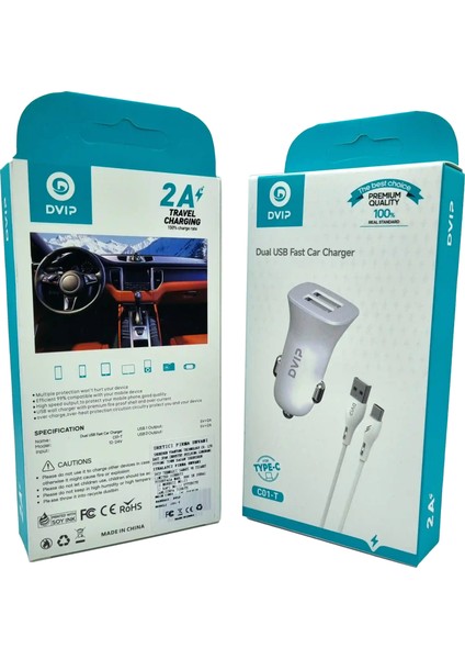 Çift USB Girişli (Type-C) Kablolu Araç Şarj Aleti Dvip C01-T