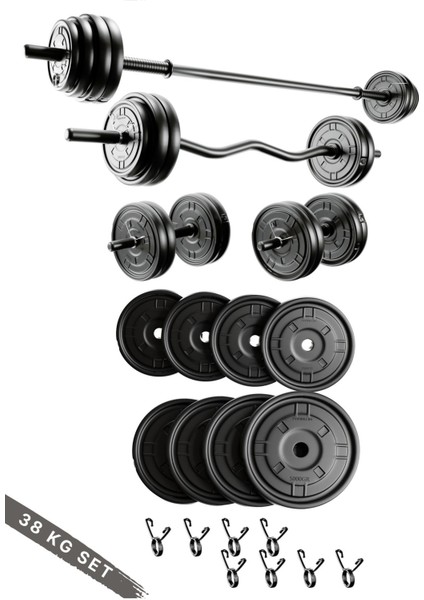 38 kg, 150 cm uzun bar ve dambıl seti, dayanıklı vinyl materyal, siyah renk