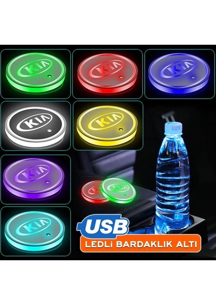 Kia Uyumlu Ledli Bardaklık Altı USB Şarjlı 2 Adet