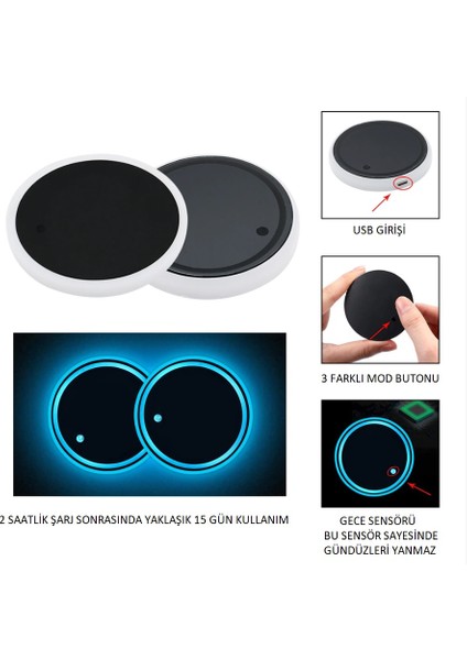 Audi Uyumlu Ledli Bardaklık Altı USB Şarjlı 2 Adet
