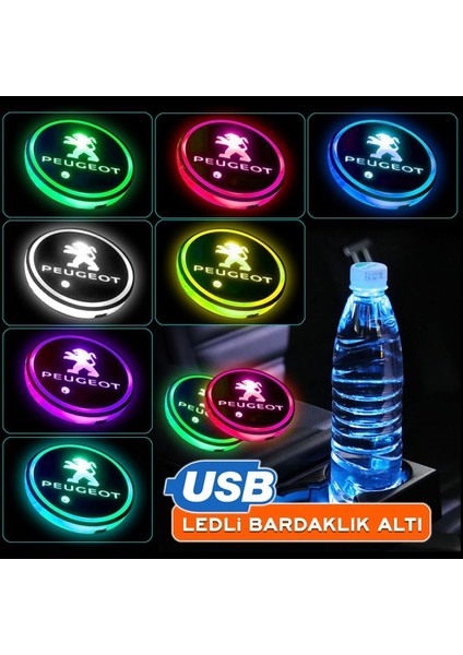 Peugeot Uyumlu Ledli Bardaklık Altı USB Şarjlı 2 Adet