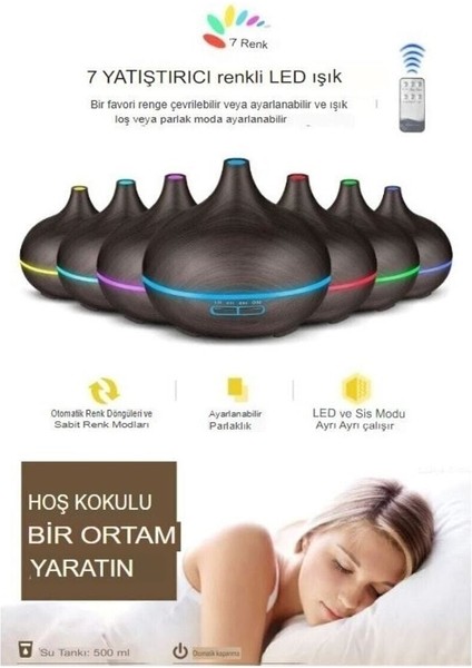 550 ml Ultrasonik Aroma Difüzörü, Renkli Led Işıklı, Oda Kokusu ve Nemlendirici, Kahverengi fırsatları