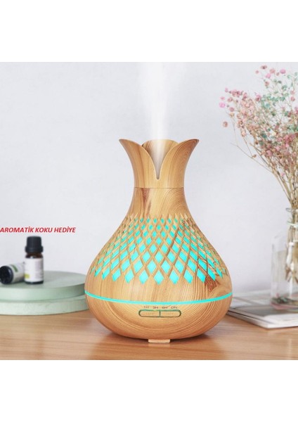 Hava Nemlendirici 500ml Lale Desenli- Led Işıklı Aroma Difüzör, Uzaktan