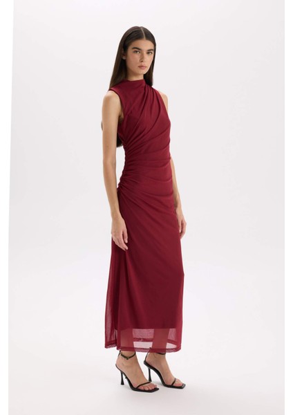 Bodycon Vücudu Saran Yarım Balıkçı Yaka Basic Düz Tül Kolsuz Maxi Abiye Elbise C3519AX24AU