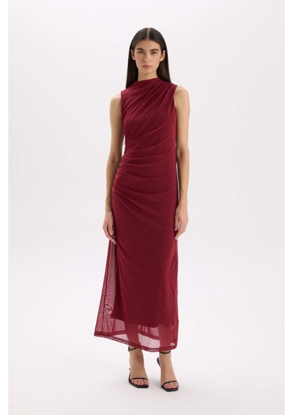 Bodycon Vücudu Saran Yarım Balıkçı Yaka Basic Düz Tül Kolsuz Maxi Abiye Elbise C3519AX24AU