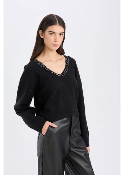 Oversize Geniş Kalıp V Yaka Triko Kazak E2309AX24WN