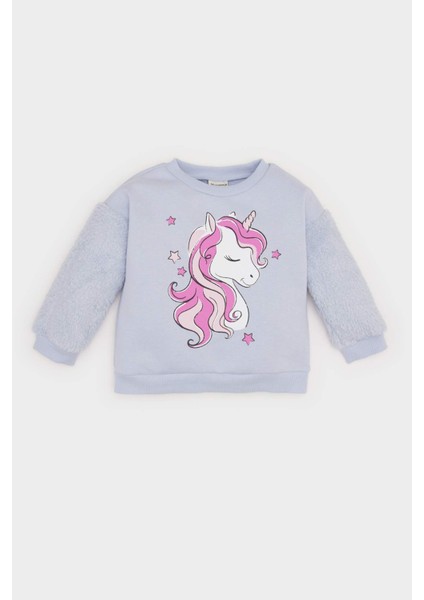 Kız Bebek Bisiklet Yaka Unicorn Baskılı İçi Yumuşak Tüylü Sweatshirt D7198A524WN