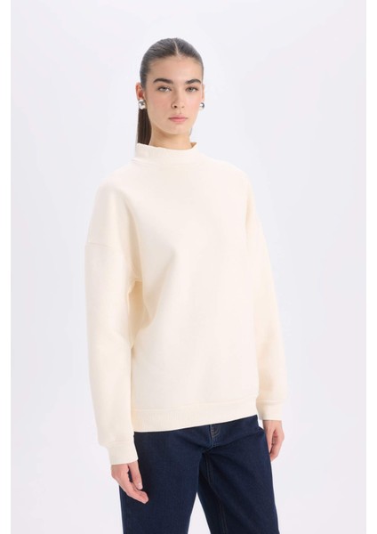 Oversize Geniş Kalıp Yarım Balıkçı Yaka Basic Düz Kalın Sweatshirt E4808AX24WN