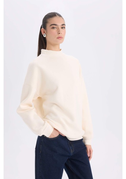 Oversize Geniş Kalıp Yarım Balıkçı Yaka Basic Düz Kalın Sweatshirt E4808AX24WN