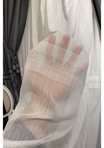 Gümüş Şeritli (1/3 Sık Pile) Kırık Beyaz Tül Perde indirimleri