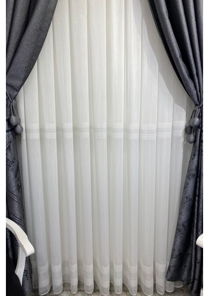 Gümüş Şeritli (1/3 Sık Pile) Kırık Beyaz Tül Perde fiyatları