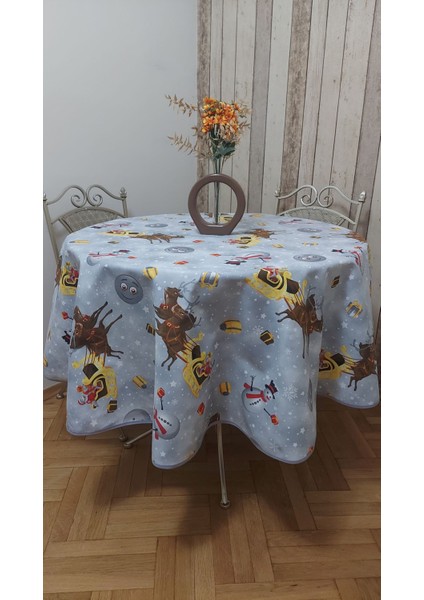 Yuvarlak,yılbaşı Desenli,duck (Sıvı Itici ,leke Tutmaz) Kumaş,masa Örtüsü