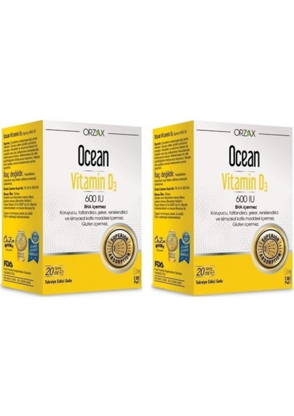 Ocean Vitamin D3 600 Iu Sprey 20 ml 2 Adet Takviye Edici Gıda