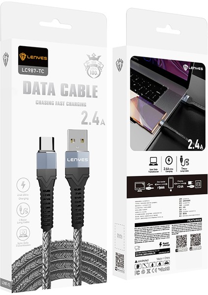 LC987 Usb-A To Type-C Hızlı Şarj Özellikli Örgülü Data ve Şarj Kablosu 1m 2.4A Siyah