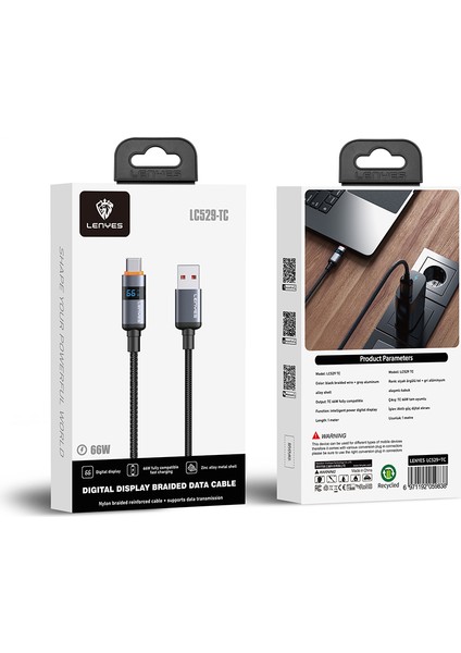 LC529 Usb-A To Type-C LED Dijital Göstergeli Hızlı Şarjlı Data Şarj Kablosu 66W 1m Siyah