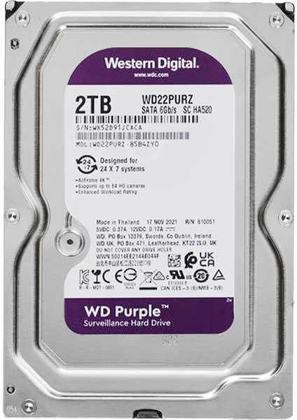 Western Dıgıtal Purple WD22PURZ 2 Tb Sata 6gb/s 7/24 Güvenlik Harddısk (4778)