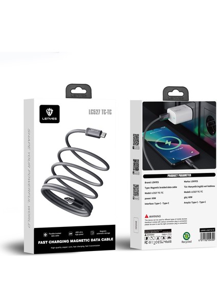 LC527 Spiral Magnetik Type-C To Type-C Hızlı Şarj Özellikli Data ve Şarj Kablosu 60W 1m Gri