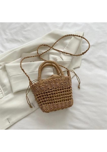 Sunshinee Moda Dokuma Çanta Kadın Yuvarlak Plaj Omuz Çantası Vintage Hasır Çanta Kadın Crossbody Kolu Çanta Kadın Çantası-Bej Beyaz (Yurt Dışından)