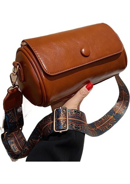 Shi Mei Retro Küçük Çanta Kadın Çantası Niş 2024 Yeni Çok Yönlü Geniş Bant Tek Omuz Crossbody Çanta Silindirik Çanta (Yurt Dışından)