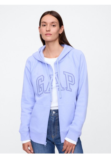 Kadın Açık Mavi Logo Fleece Fermuarlı Sweatshirt