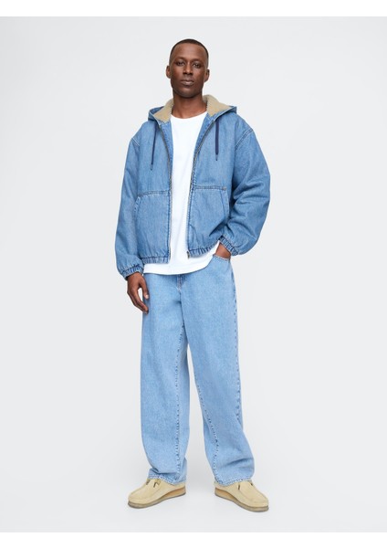 Erkek Mavi Oversize Sherpa Fermuarlı Denim Ceket