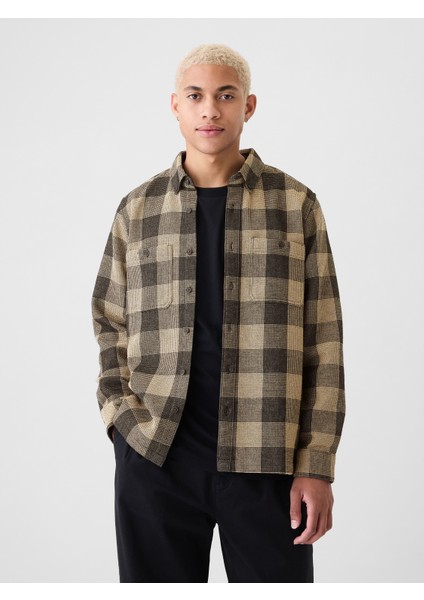 Erkek Kahverengi Waffle Örgü Flannel Gömlek